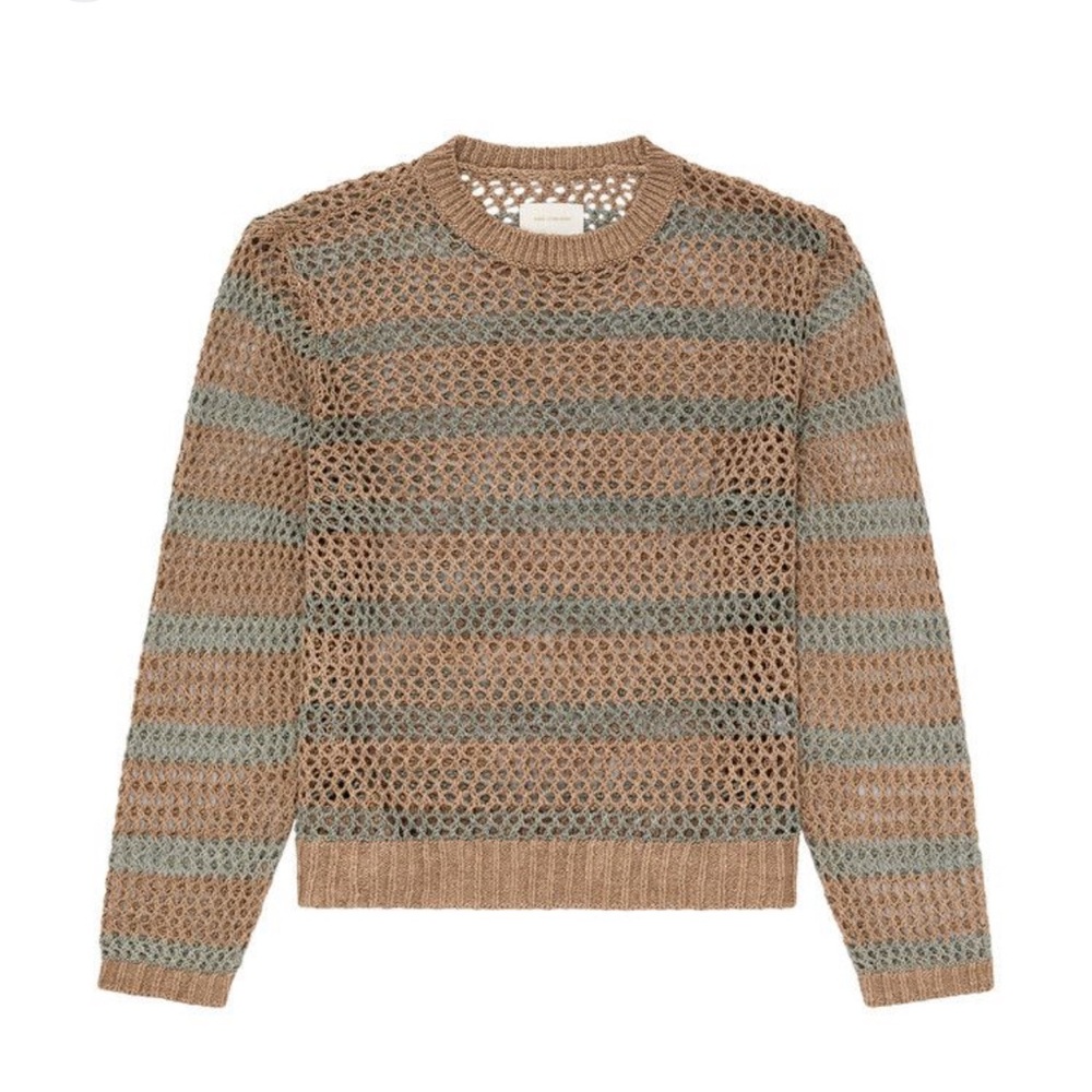 Aimé Leon Dore Loose Knit Striped Crewneck Sweater Natural Tan Gray Linen 2024-M